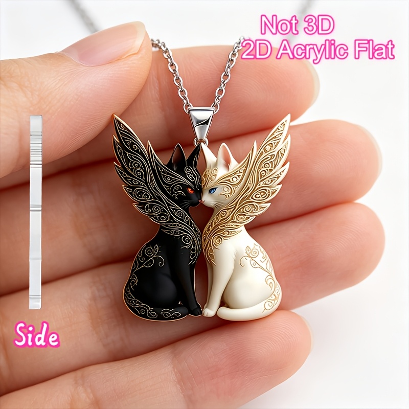 2D Flat Fashionable Cute Black and White Winged Cat Necklace Pendant